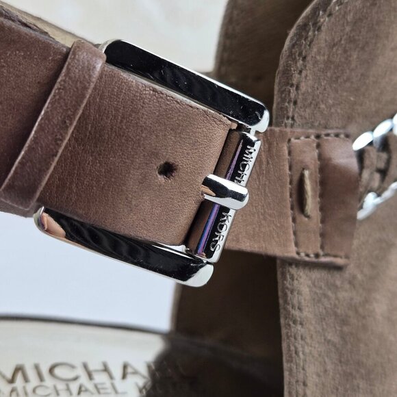 MICHAEL Michael Kors Size 8M Taupe Suede Leather Stiletto Peep Toe Booties Chain - Picture 13 of 16